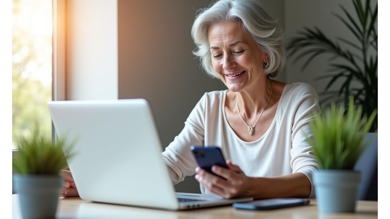 Žena srednjih godina koristi laptop i telefon da se poveže online, simbolišući različite opcije kontakta Vigor Soko.