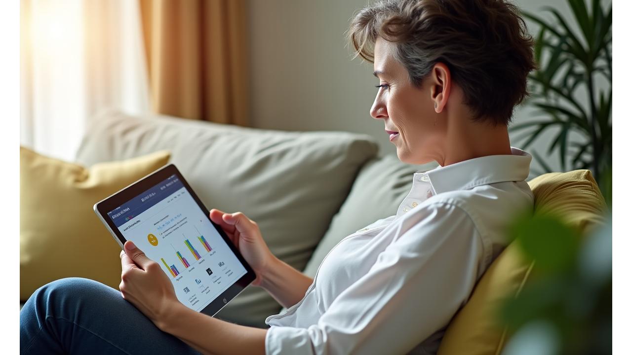 Osoba koristi tablet za unos podataka u upitnik, na ekranu grafici i wellness ikone